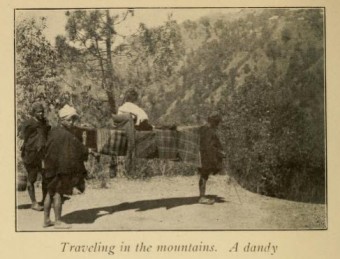 A person of means being transported in a litter on the backs of two men.